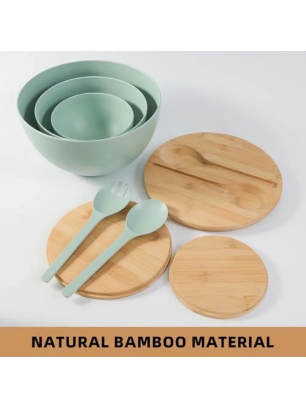 Set of 3 Large Bamboo Fiber Salad Bowls with Lids & Utensils - Perfect for